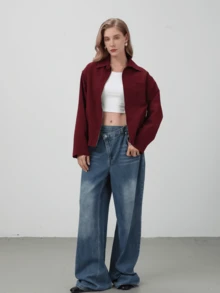 HZXVIC Giacca di moda con zip e bottoni, di colore unito, nuovo modello autunnale per donna, con collo alla coreana, stile casual, leggera - Bordò - Visualizzare 3