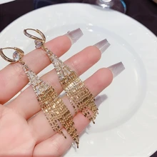 1 Pair Luxurious Golden-Tone Tassel Drop Earrings With Sparkling Cubic - Elegant Statement Jewelry For Parties, Perfect For Women's Date Night, Wedding