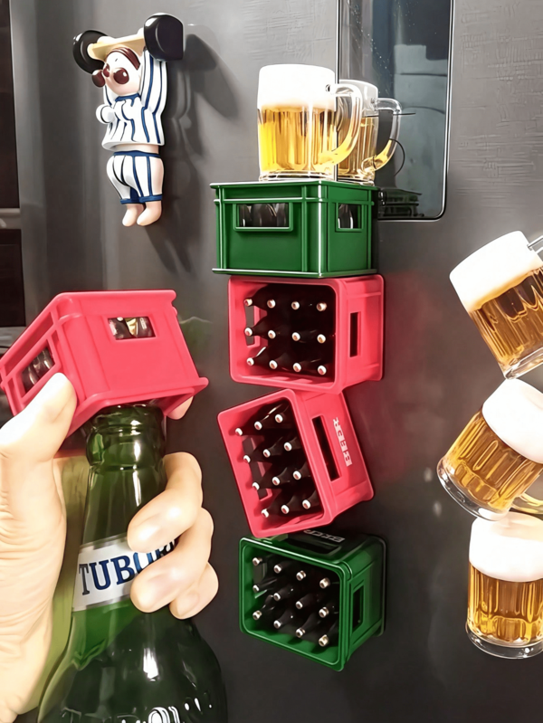 1pc Christmas Beer Crate-Shaped Refrigerator Magnet, Soda Bottle Opener, Can Be Beer Bottle Opener , Creative Beer Basket Design, Can Be Used In Home Bars, Parties, Refrigerator Cartoon Stickers,Wedding Season Supplies,Home Decor