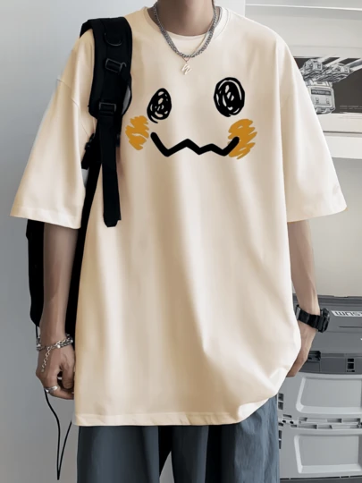 シンプルな絵文字プリントの白Tシャツ ,メンズ 220gsm 新作 夏 カジュアル クルーネック 純綿 半袖 Tシャツ (1 枚)