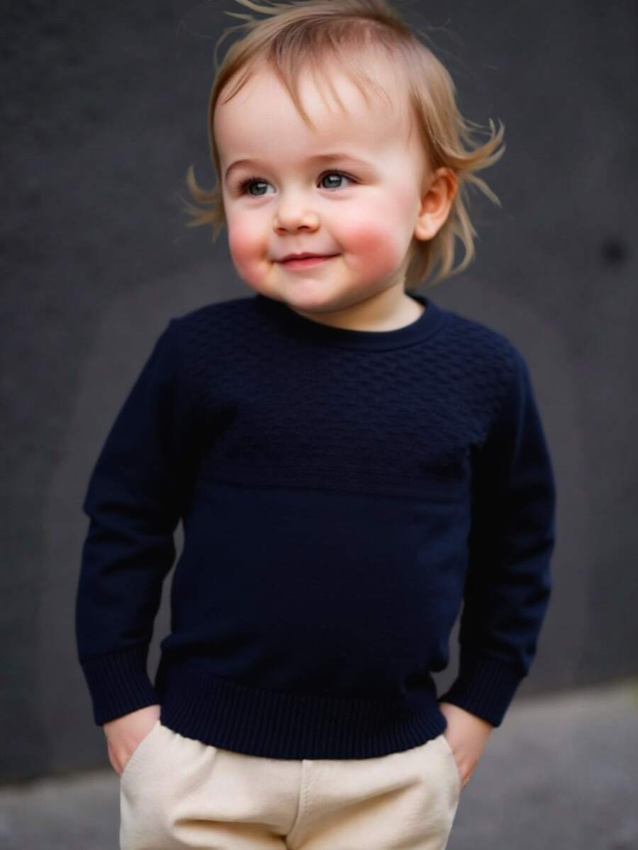 Suéter infantil topo con textura damero | Cuello redondo, manga larga, punto suave - Azul Marino - Ver 1