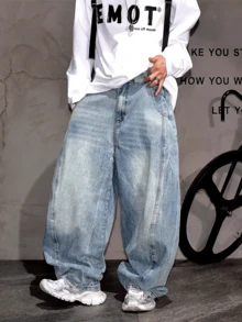 Calça jeans masculina estilo vintage com design desgastado e perna larga, estilo streetwear, com caimento solto - Lavagem Média - Ver 1