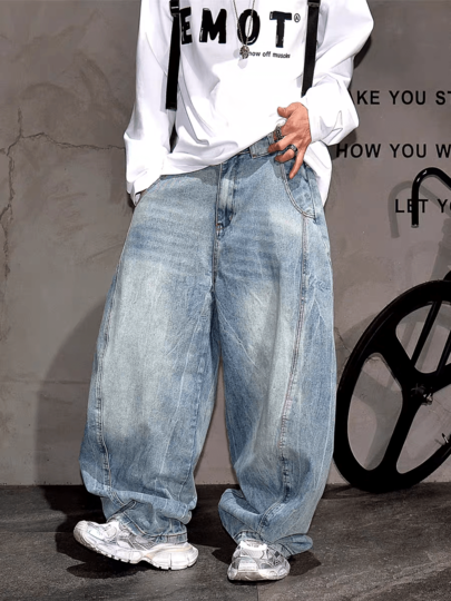 Vintage Distressed Design Wide Leg Flared Jeans For Men, Loose Fit Streetwear Pants
