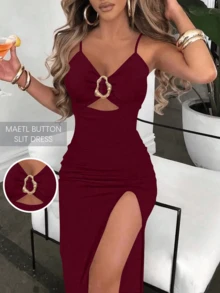 优雅不对称金属装饰镂空高开衩吊带裙，夏季新品，女士约会之夜装扮，派对礼服