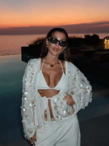 Women's Sequin Knitted Cardigan Tie-Front Long Sleeve Elegant Sparkly Fall Jacket For Club Party Streetwear - trắng - Xem 2