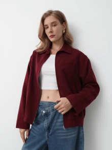 HZXVIC Giacca di moda con zip e bottoni, di colore unito, nuovo modello autunnale per donna, con collo alla coreana, stile casual, leggera - Bordò - Visualizzare 5