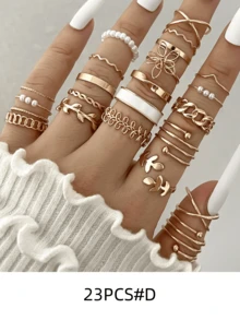 23入組時尚戒指套裝，新款金色和銀色樣式包含葉子、月亮、眼睛、蛇設計、滴油、鑽石、開口戒指套裝適合青少年女孩，禮物