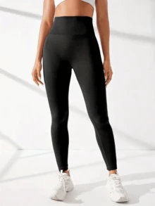 純色提臀高腰瑜伽褲,高彈力運動健身打底褲,女士運動服裝 - 黑色 - 查看 4