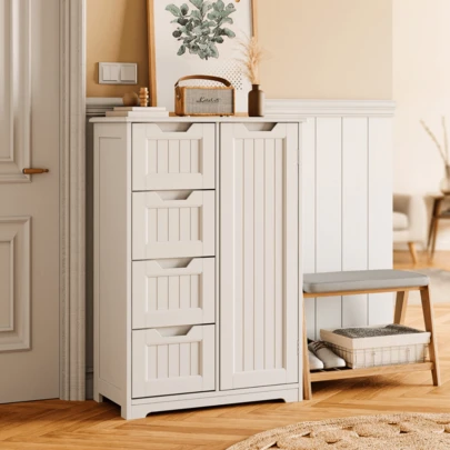 Despensa de cocina con puerta y estantes, armario pequeño para despensa, armario independiente de madera para baño con 4 cajones para cocina y comedor, 60x30x85cm, color blanco