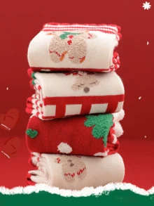4 Pairs Children's Socks For Autumn And Winter, Girls' Christmas Socks For Autumn, Cute Mid Length Socks For Winter, Warm Baby Socks, Christmas Gift Socks - Multicolor - View 7