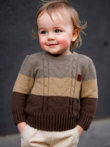 Sueter sweater infantil color-block Punto trenzado cuello redondo manga larga invierno frio comodo suave multicolor casual. - Beis - Ver 2