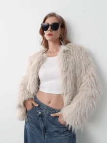 HZXVIC 女士时尚气质奢华仿皮草外套女式高端感修身上衣 - 米色 - 查看 5