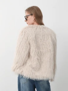 HZXVIC 女士时尚气质奢华仿皮草外套女式高端感修身上衣 - 米色 - 查看 4