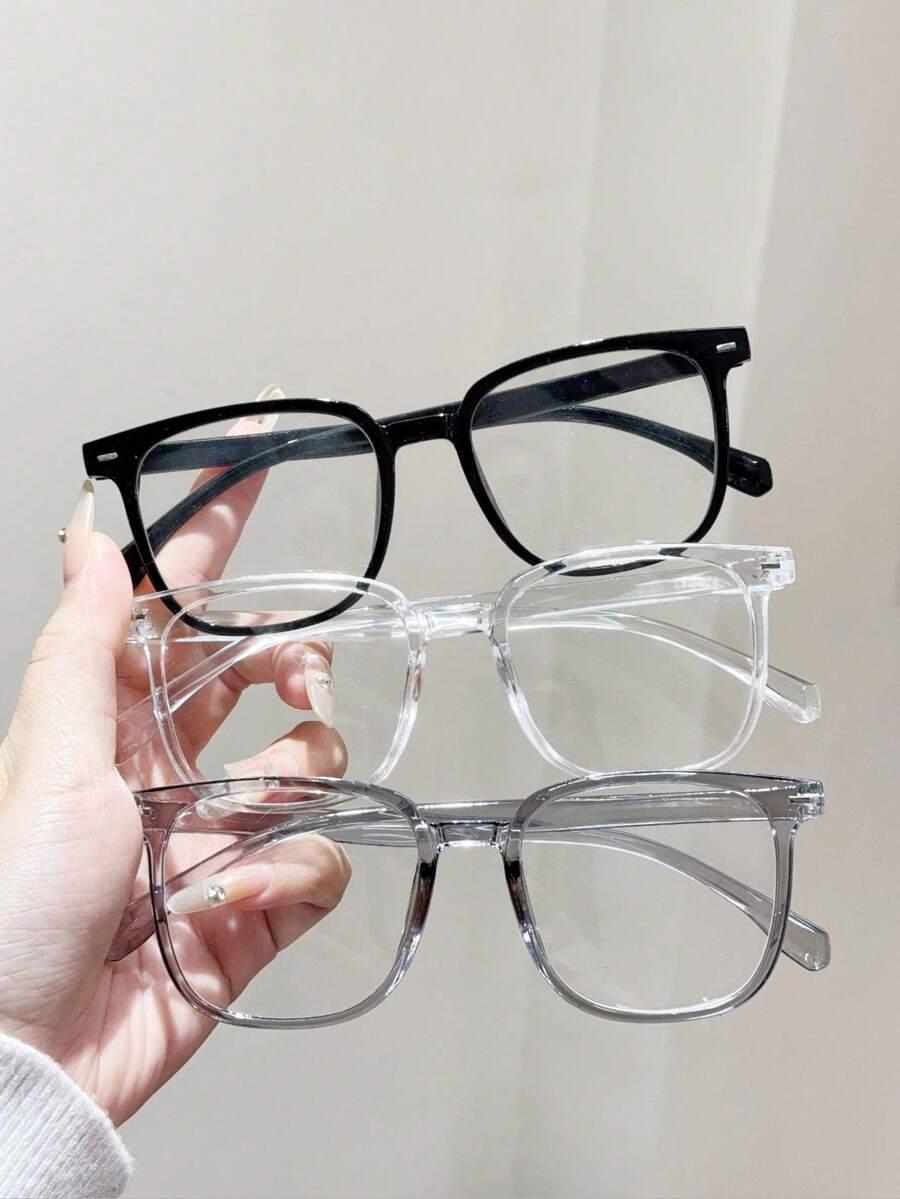3pcs Square Large Frame Unisex Casual College Style Flat Glasses, Face Flattering - 黑/白/灰 - 查看 1