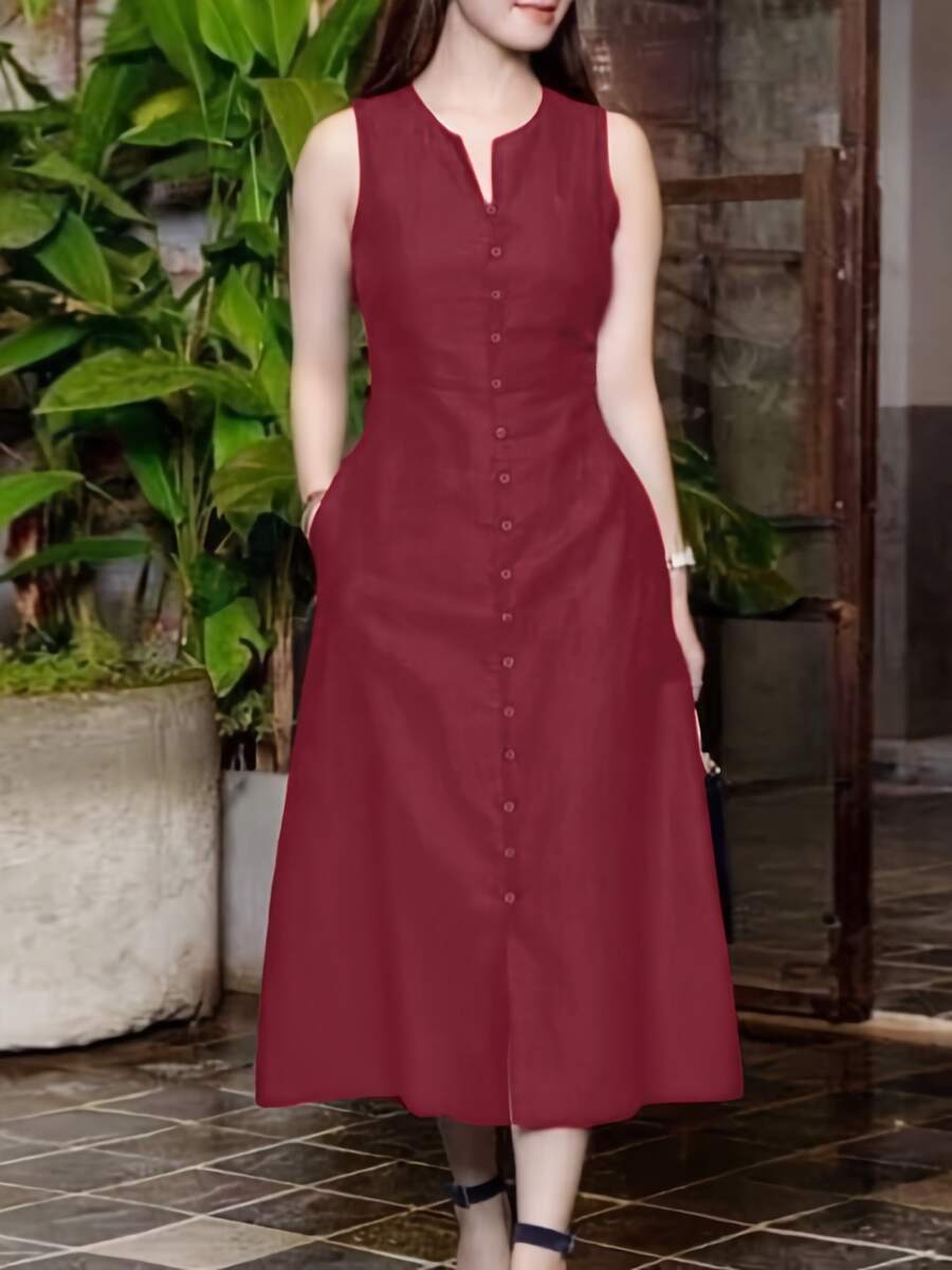 女士优雅派对太阳裙深绿色/黑色/玫红色/驼色，时尚 V 领无袖口袋 A 字裙 - 适合休闲外出派对日常通勤