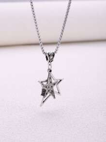 1pc New Double-Layer Five-Pointed Star Sweater Chain, Pearl Chain Necklace - Antique Silver - View 9