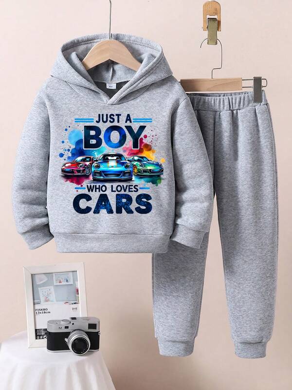 Toddler Car Print Warm Hoodie Sweatshirt And Pants Set