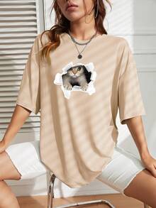 Camiseta Mujer Gato Impresa Primavera y Verano Casual Suelta Cuello Redondo Manga Corta - Albaricoque - Ver 1