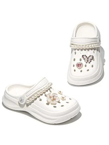 HOEASE Girls' Cute Wooden Clogs, EVA Non-Slip Soft Sole, Comfortable Beach & Garden Shoes Decorated With Pink Hearts, Flowers, Butterflies And Pearl Chain, Suitable For Boys And Girls, Wearable All Seasons, Ideal For Outdoor Activities, Indoor Wear And Parties, Perfect Gift For Halloween And Christmas - White - View 2