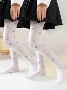 2 Pairs Girls' Bowknot Printed Stirrup Tights, Thin Leggings For Spring/Summer, Baby Toddler Outer Wear, Star & Heart Design