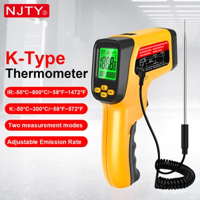 NJTY K-Type Infrared Thermometer Gun, Handheld Non-Contact High Temperature Measurement Gun, Suitable For Industrial, Cooking Test, Pizza Oven, Automotive, HVAC, Grill And Engine Applications - Laser Surface Temperature Reader, Measurement Range -50°C To 800°C