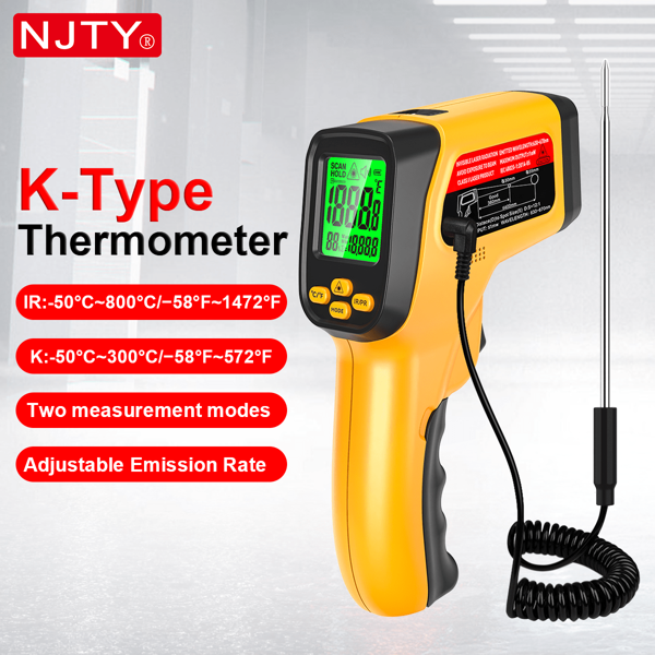 NJTY K-Type Infrared Thermometer Gun, Handheld Non-Contact High Temperature Measurement Gun, Suitable For Industrial, Cooking Test, Pizza Oven, Automotive, HVAC, Grill And Engine Applications - Laser Surface Temperature Reader, Measurement Range -50°C To 800°C