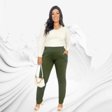 Women's Plus Size Pants - High Waist, Buttons In The Front - Army Green - View 3