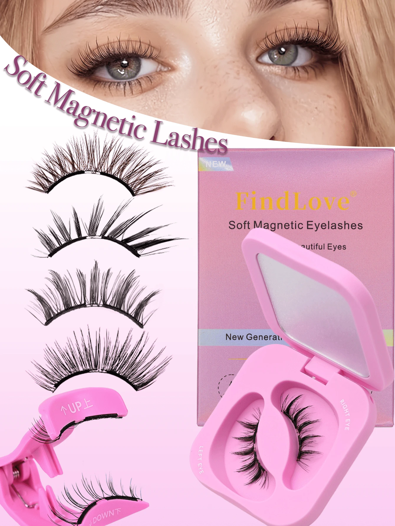 1对柔软磁性假睫毛，狐狸眼造型，卡通风格，柔软磁性假睫毛套装，自然妆效，纤长蓬松，带佩戴夹，高品质单根假睫毛，可重复使用。 - 眼尾拉長款 - 查看 1