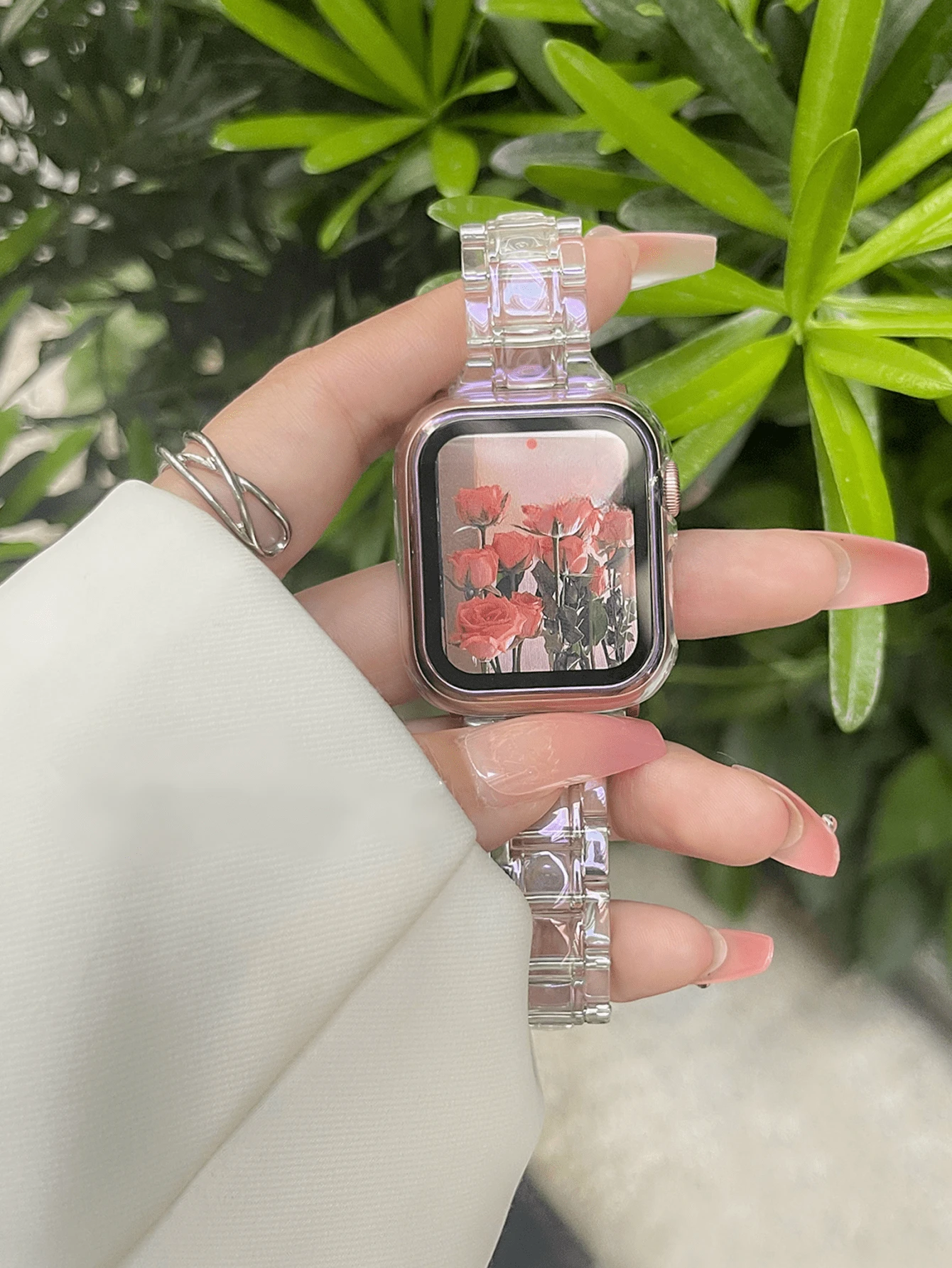 1条透明表带，兼容 38mm 40mm 41mm 42mm 44mm 45mm 46mm 49mm，纤薄彩色替换表带，兼容 Series 11 10 9 8 7 SE 6 5 4 3 2 1 Ultra 3/2/1，水晶透明表带，适用于 S10/S9/S8/S7/S6