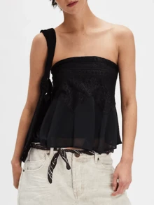 Women's Lace Floral Embroidery Tube Top Strapless Off Shoulder Ruffle Hem Babydoll Flowy Bandeau Tops Summer Sleeveless Backless Cute Cami Vest Sweet Going Out Tops Shirts Vintage Aesthetic Clothes Streetwear - 黑色 - 查看 1