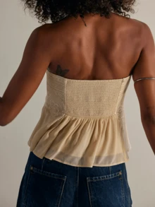 Women's Lace Floral Embroidery Tube Top Strapless Off Shoulder Ruffle Hem Babydoll Flowy Bandeau Tops Summer Sleeveless Backless Cute Cami Vest Sweet Going Out Tops Shirts Vintage Aesthetic Clothes Streetwear - 杏色 - 查看 2