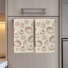 2 件简约秋季南瓜图案厨房毛巾，柔软涤纶材质洗碗布，适用于厨房装饰、清洁、节日派对装饰、厨房和浴室必需品、家居装饰、乔迁礼物