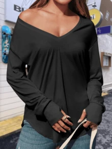 Women's Deep V Neck Oversized Tunic Tops Long Sleeve Curved Hem Casual Fall Fashion T Shirts 2025 - màu đen - Xem 5