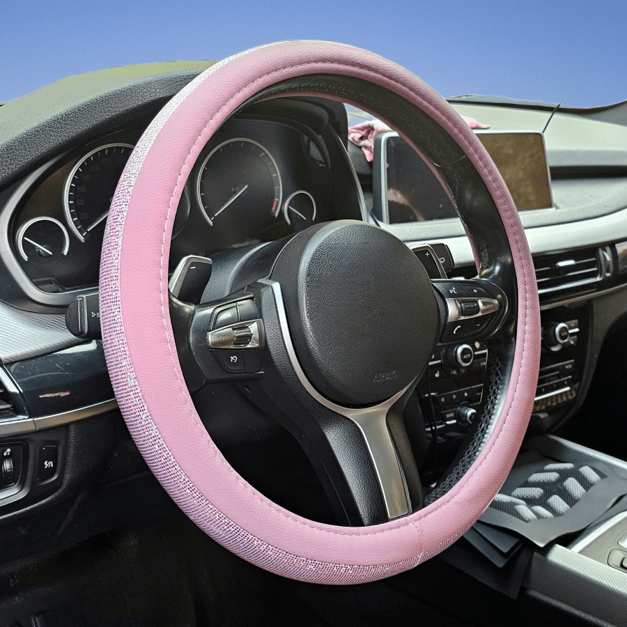 1 pieza Funda de volante de coche de cuero brillante con lentejuelas rosas, protector de volante redondo antideslizante de 14.5-15 pulgadas, accesorio interior de coche unisex, apto para sedán, SUV y vehículos comerciales