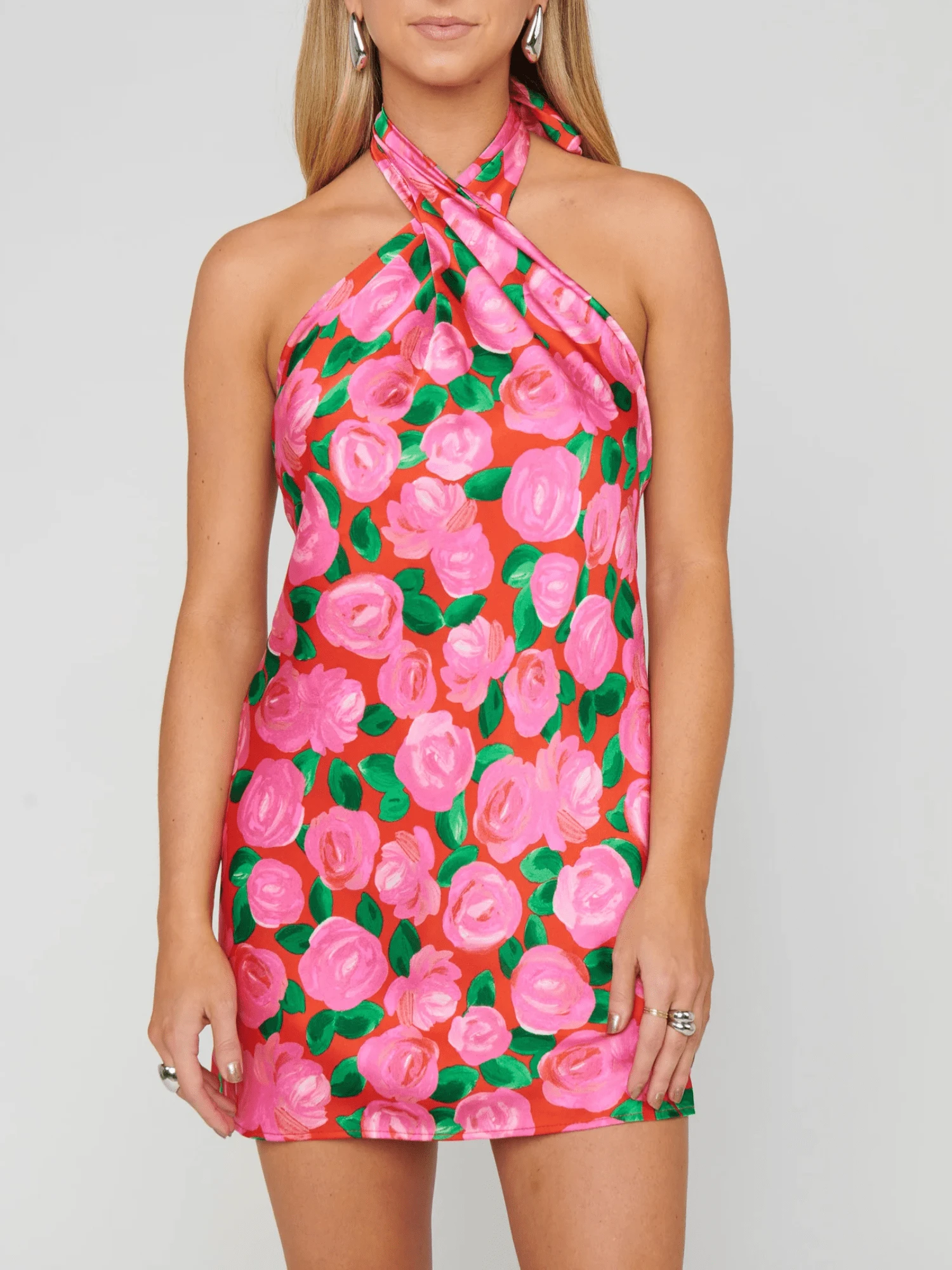 Womens Y2k Floral Print/Solid Color Slim Fit Mini Dress Summer Stylish Halter Neck Sleeveless Open Back Short Dress Fashionable Beack Party Vacation Bodycon Dress - 粉色 - 查看 1