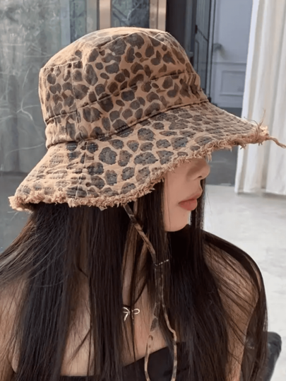 Chapéu de balde casual de poliéster com estampa de leopardo, versátil, chapéu de proteção solar com aba fina para primavera/verão para mulheres