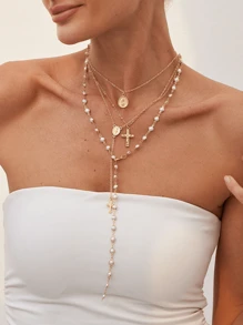 4/3/1 Set modischer, sexy, übertriebener vintage Kreuz, Seestern, Blumen, bunte Perlenimitation, Kristall-Geometrie-Muster Kupfer-Halsketten-Set für Frauen, Strand, Date, Party, Geschenke, alltägliches Styling
