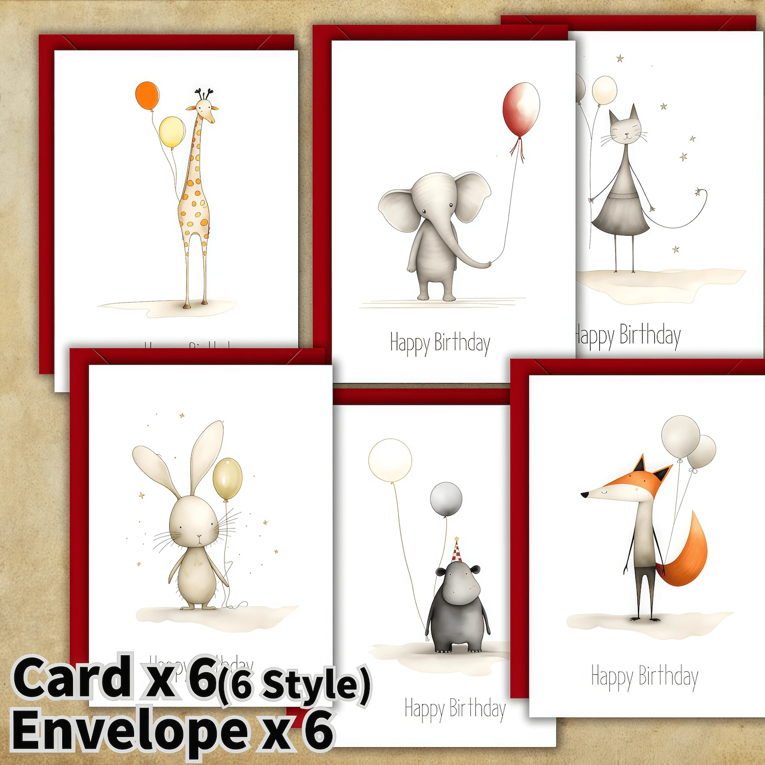 6 طقم، طقم بطاقات عيد ميلاد، ست بطاقات عيد ميلاد مرحة وطريفة، تصاميم متنوعة، مجموعة متنوعة من البطاقات الجنسية المتنوعة مع حيوانات غريبة وبالونات