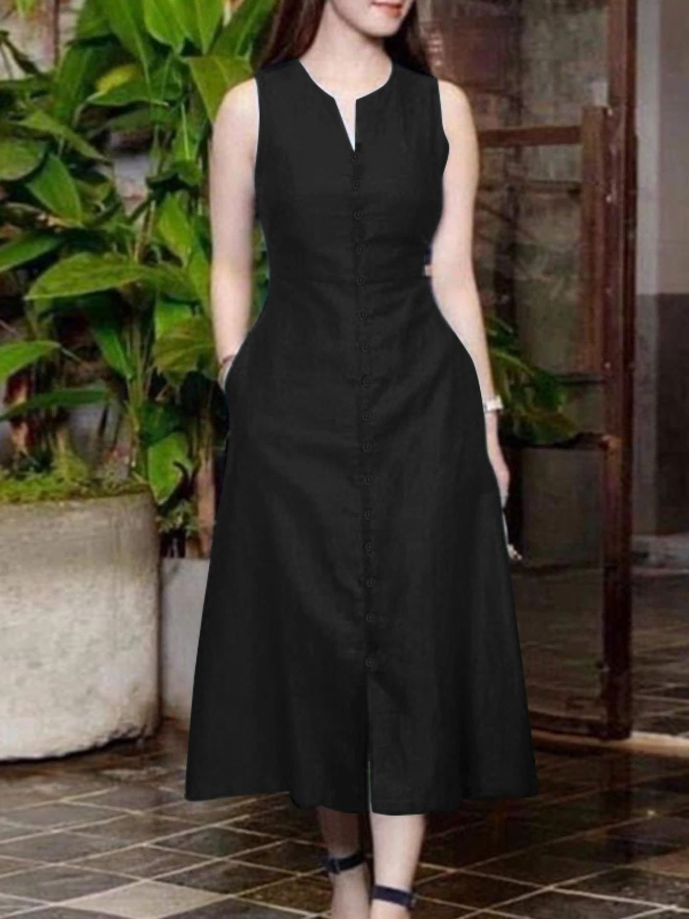 Ladies Elegant Party Sun Dress Dark Green/Black/Rose Red/Camel, Fashion V-Neck Sleeveless Pocket A-Line Dress-Suitable For Casual-Out-Party-Daily Commute - Black - View 1