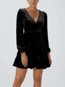 Women's Elegant V-Neck Puff Sleeve Cinched Waist A-Line Velvet Dress, Suitable For Party, Autumn/Winter - Black - View 1
