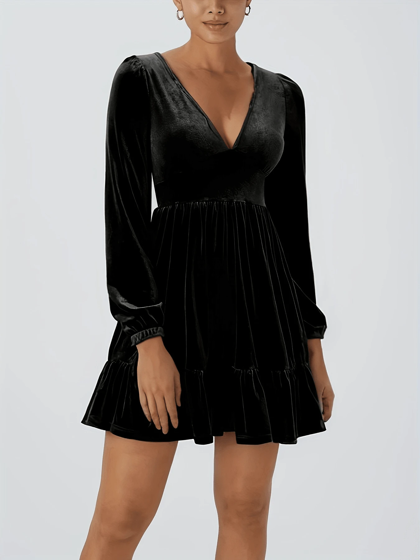 Women's Elegant V-Neck Puff Sleeve Cinched Waist A-Line Velvet Dress, Suitable For Party, Autumn/Winter - Black - View 1