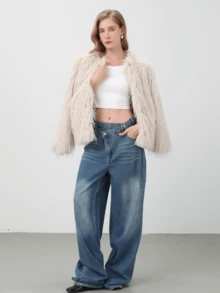 HZXVIC 女士时尚气质奢华仿皮草外套女式高端感修身上衣 - 米色 - 查看 7