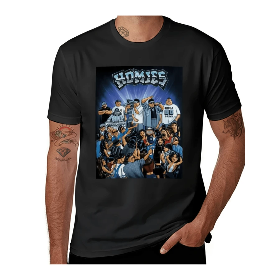 [Casual Outing] Men's "Homies Party Classic" Retro Graphic T-Shirt - Heavyweight Cotton, Vibrant Character Print, Short Sleeve, Round Neck, Casual Wear, Urban Streetwear|Round Neck Tshirt|Cotton Fabric - 黑色 - 查看 1