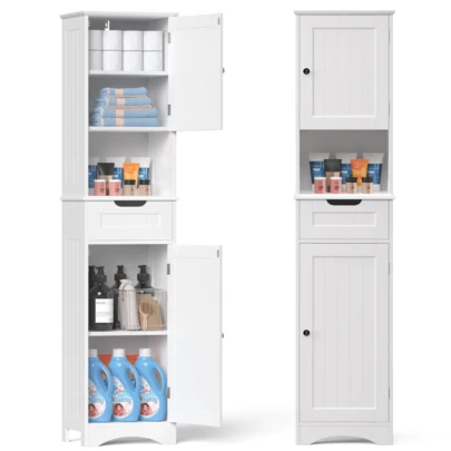 Mueble de baño, con 2 puertas y cajón, estilo torre estrecha para ropa blanca, con estantes ajustables independientes para el hogar y la cocina, versátil, antivuelco, alto de 170 cm, color blanco