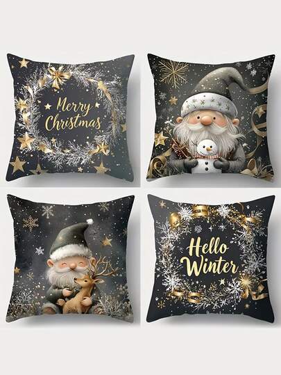 4 件，圣诞节，新艺术温暖高端灰色，圣诞花环，圣诞老人，小矮人，雪人，鹿图案枕套，腰部，15.7x15.7/17.7x17.7/19.7x19.7 英寸，房间装饰，办公室装饰，客厅装饰，沙发装饰，无枕芯。，秋季装饰，秋季装饰，房间装饰