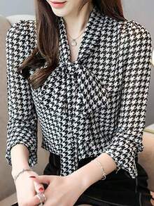 Camisa de manga larga con estampado de cuadros de mil pájaros para mujer, tallas grandes, con lazo, para primavera y otoño. - Blanco y Negro - Ver 2