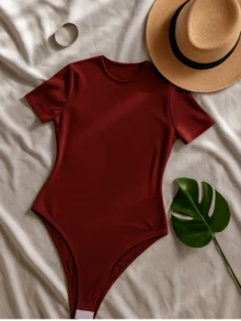 Women's Elegant Suplex Bodysuit With Lining, Short Sleeves, Perfect Fit, Versatile Fashion, Minimalist Look, Casual Chic Style For Summer, Simple, Casual, Elegant, Knitted, Backless - Màu Đỏ Sâu - Xem 2