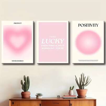 Bộ 3 tranh, tranh vẽ trên vải bố có khung gỗ và poster (tùy chọn), chủ đề "Tôi may mắn, mọi thứ đều vừa vặn với tôi", chủ đề sức khỏe tinh thần, nghệ thuật năng lượng hồng gradient, phong cách tối giản, trang trí nhà cửa, tranh treo tường, trang trí phòng, quà tặng sáng tạo, phòng khách, phòng ngủ, phòng ăn, văn phòng.