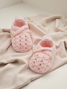 1 Pair Handmade Crochet Infant Shoes, Light Purple Color With Button Decor, Infant Size - Baby Pink - View 3