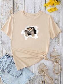 Camiseta Mujer Gato Impresa Primavera y Verano Casual Suelta Cuello Redondo Manga Corta - Albaricoque - Ver 3